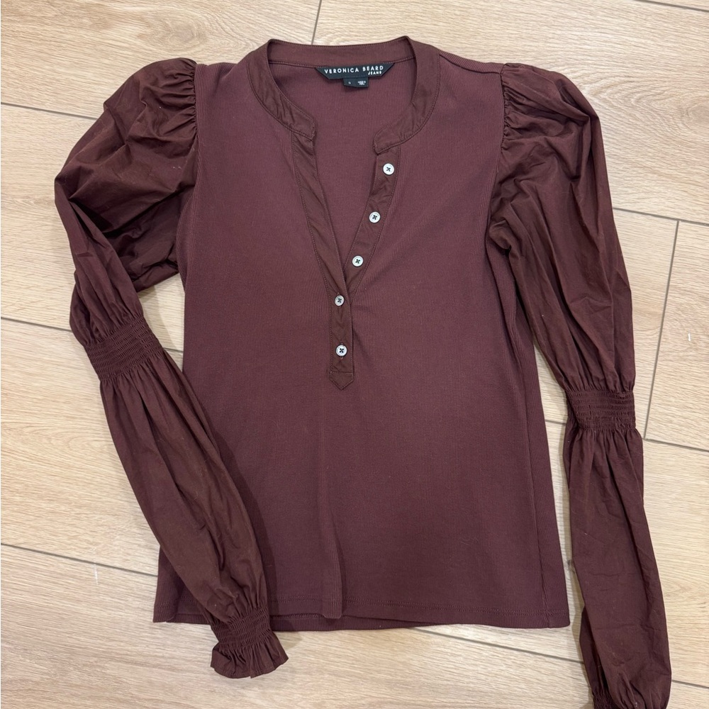Veronica Beard Burgundy Puff-Sleeve Henley Top